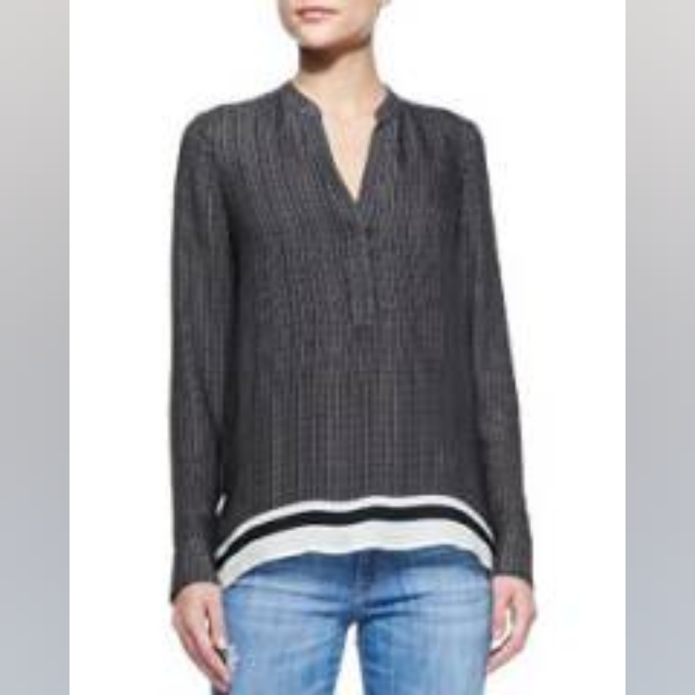 Vince‎ Black & Cream Georgette Printed Long Sleeve Silk Top Blouse
